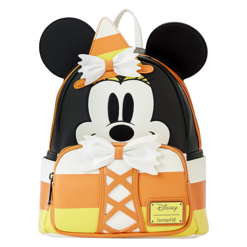 Image of Minnie Mouse mini backpack featuring her wearing a candy corn inspired outfit